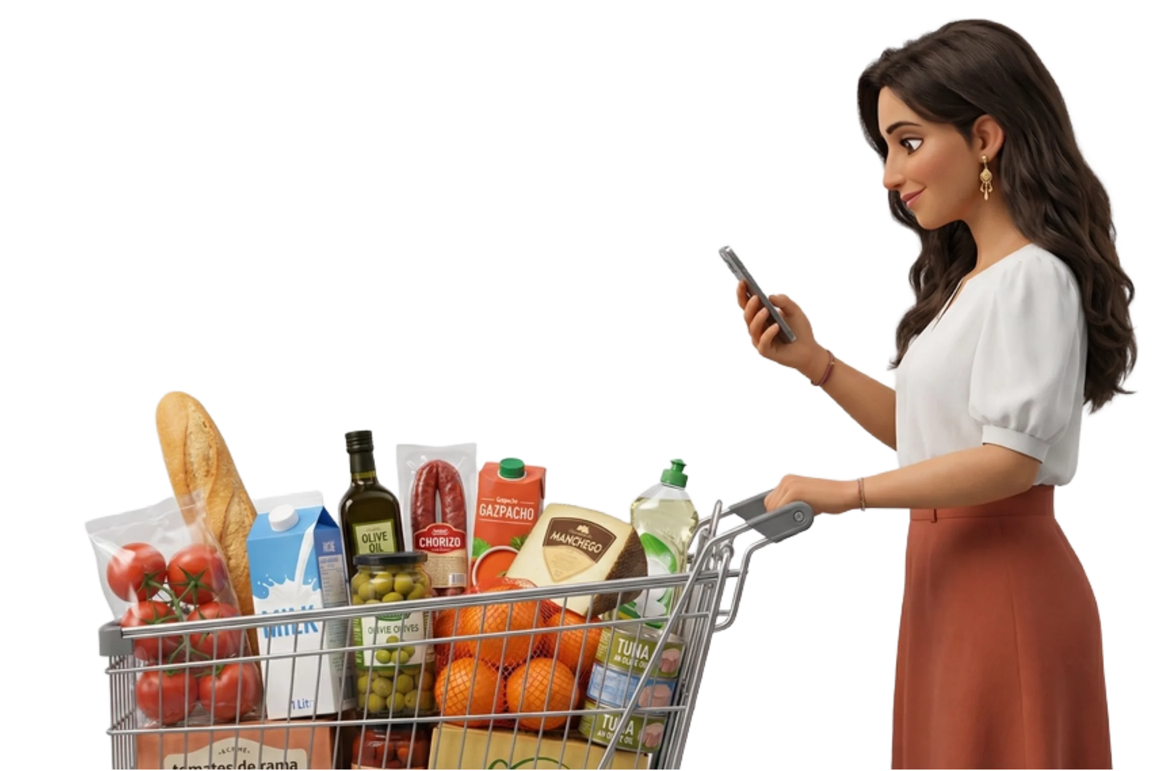 Mujer usando la aplicación SpesaZen en el supermercado con su carrito de compras